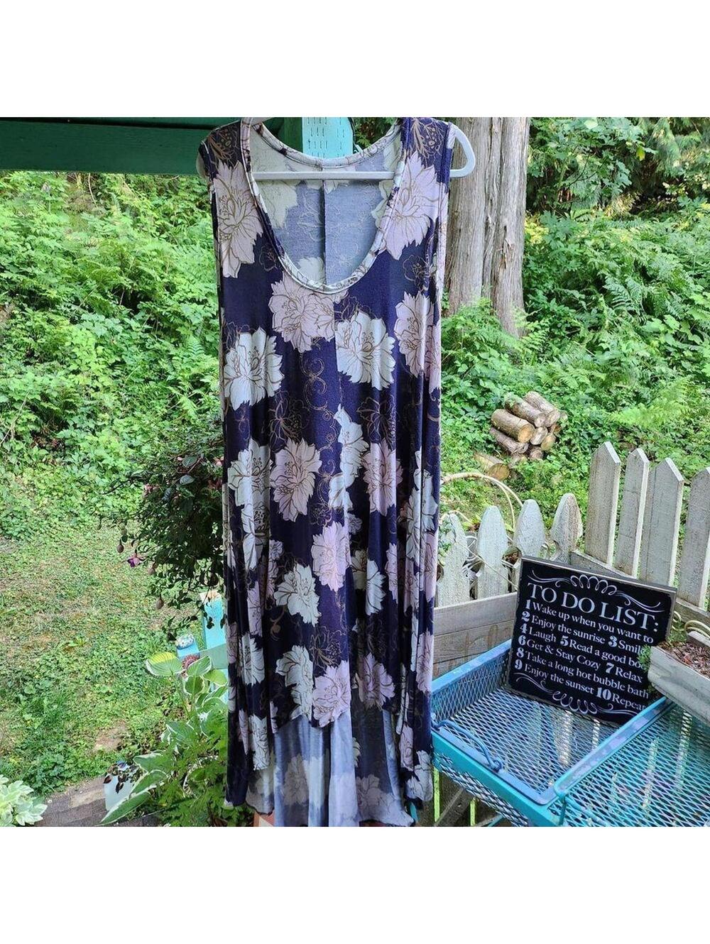 Soft Knit Women's Navy Blue High Low Tank Dress Pink White Flower Sleeveless 3x